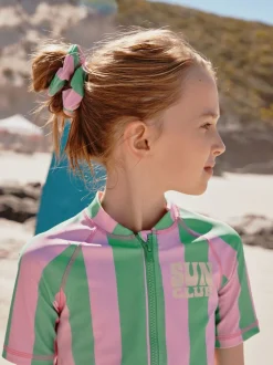 Roze/groene strepen - Sunsafe Rash Vest Bikini And Scrunchie Swim Set (3-16yrs)