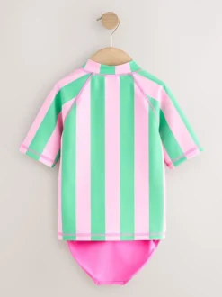 Roze/groene strepen - Sunsafe Rash Vest Bikini And Scrunchie Swim Set (3-16yrs)