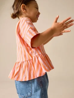 Roze/oranje gestreept - T-shirt met peplum en korte mouwen (3mnd -7jr)