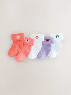 Roze/paars/wit - Set van 5 paar babysokken met omgerolde rand (0 mnd-2 jr)