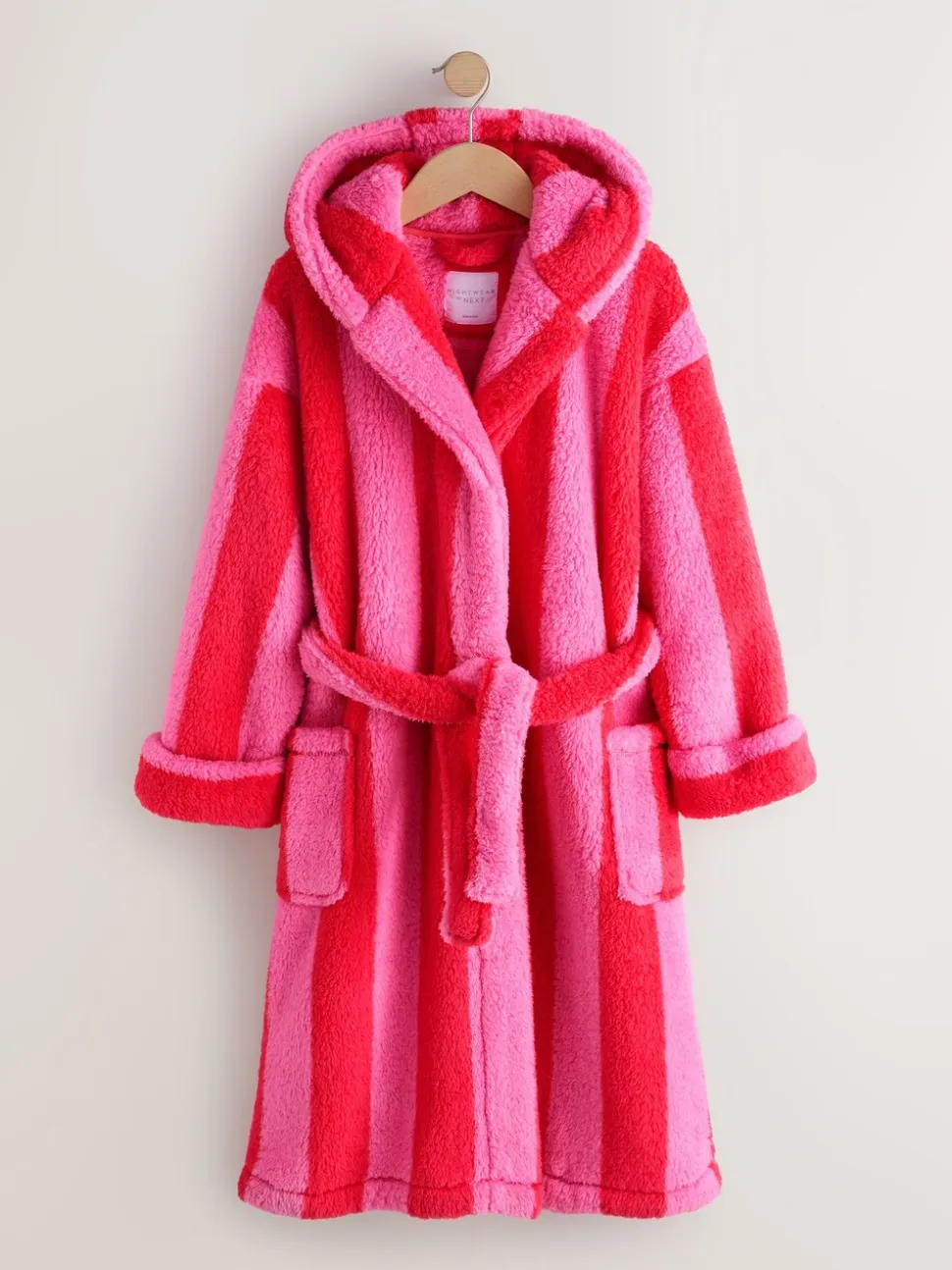 Roze/rood gestreept - Badjas van teddyfleece met langere lengte (7-16jr)