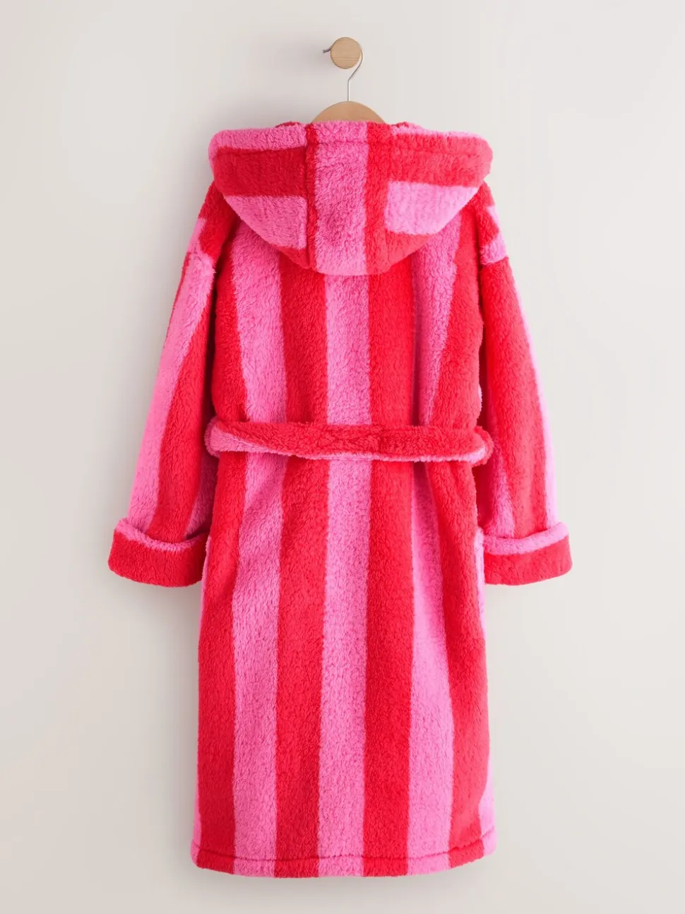 Roze/rood gestreept - Badjas van teddyfleece met langere lengte (7-16jr)