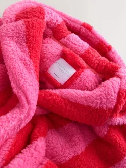 Roze/rood gestreept - Badjas van teddyfleece met langere lengte (7-16jr)