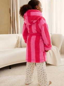Roze/rood gestreept - Teddy fleece kamerjas (9mnd -16jr)