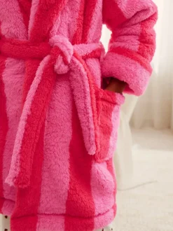 Roze/rood gestreept - Teddy fleece kamerjas (9mnd -16jr)