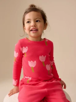 Roze/rood met bloemen - Geribbeld T-shirt met lange mouwen (3mnd-7jr)