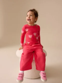 Roze/rood met bloemen - Geribbeld T-shirt met lange mouwen (3mnd-7jr)