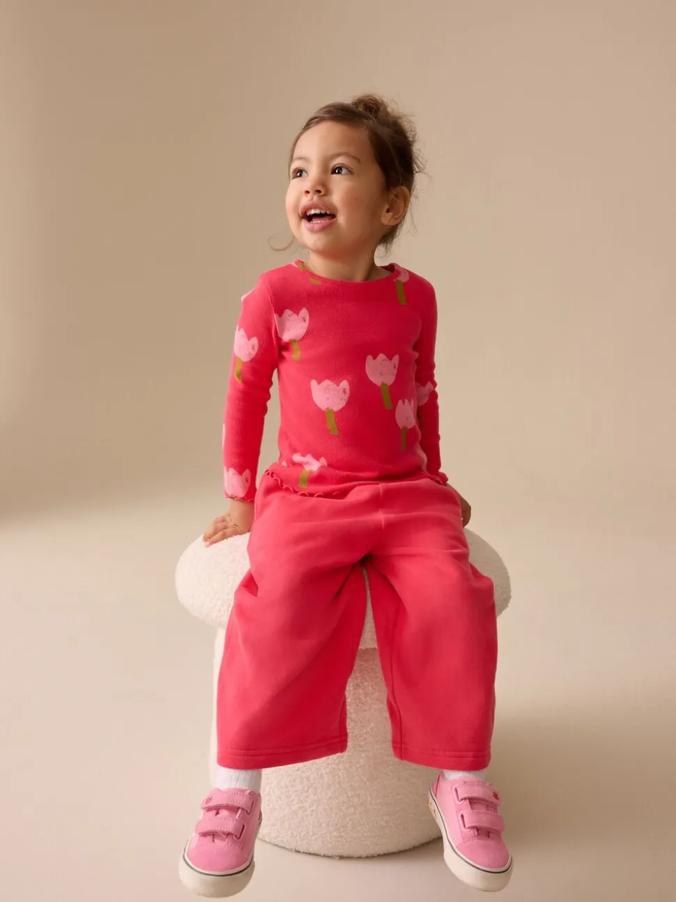 Roze/rood met bloemen - Geribbeld T-shirt met lange mouwen (3mnd-7jr)