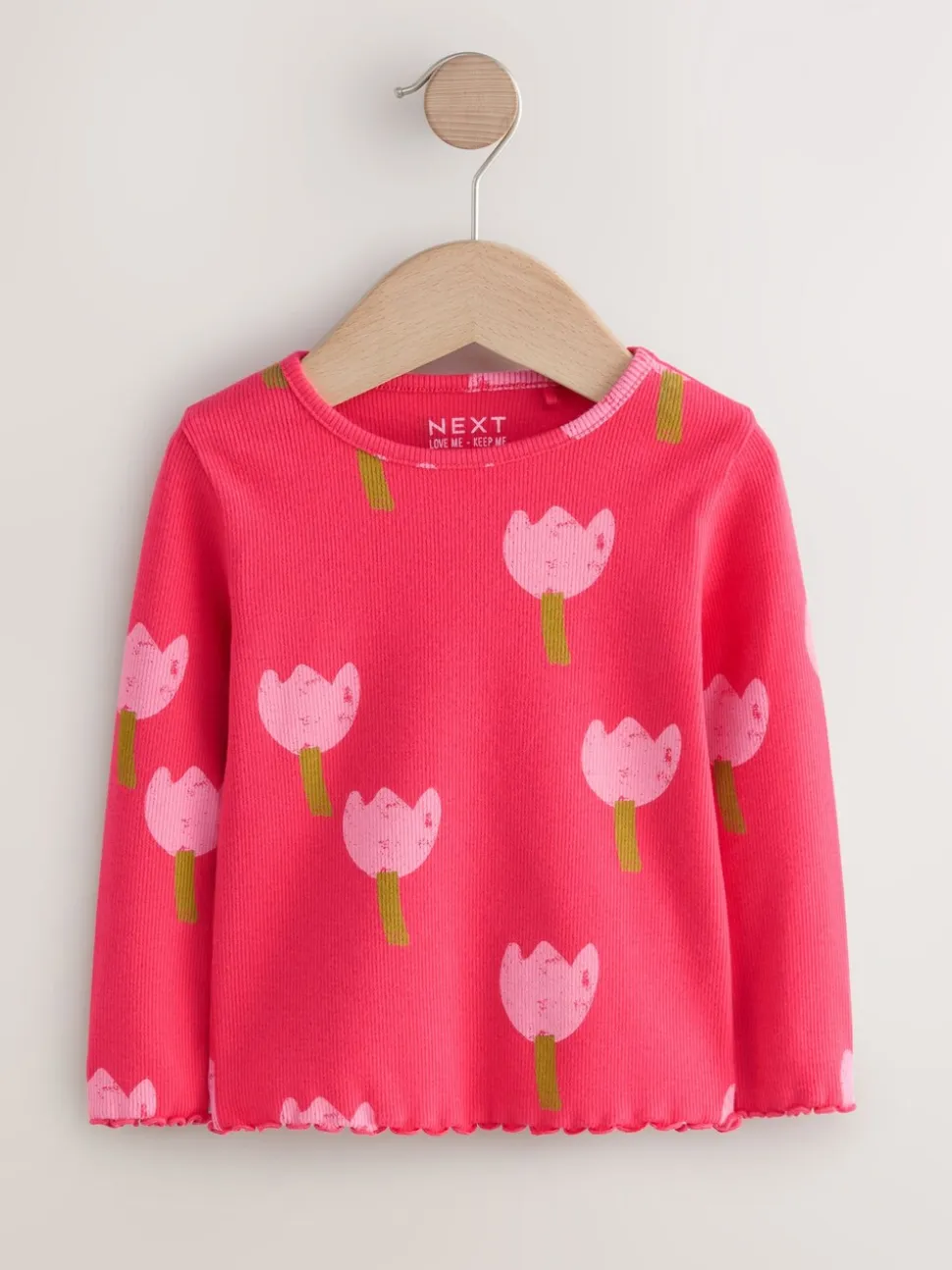 Roze/rood met bloemen - Geribbeld T-shirt met lange mouwen (3mnd-7jr)