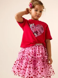 Roze/rood met hart - Pull On Mesh Skirt (3-16yrs)