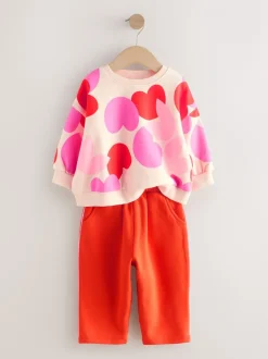 Roze/rood met hart - Set van sweatshirt en joggingbroek met rechte wijde pijpen (3mnd -7jr)