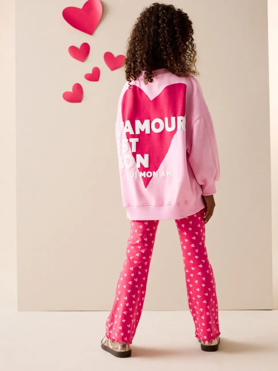 Roze/rood met hart - Sweatshirt and Flare Leggings Set (3-16yrs)