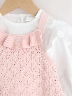 Roze/wit - 3 -delige babyset van rompertje en gebreide bretelbroeken met panty (0mnd-2jr)