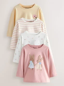 Roze/wit - Set van 4 T-shirts met lange mouwen en geborduurde konijntjes (3mnd-7jr)