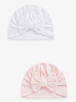 Roze/wit grote strik - Set van 2 babyturbanen (0-18mnd)