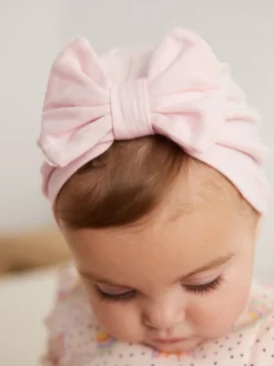 Roze/wit grote strik - Set van 2 babyturbanen (0-18mnd)