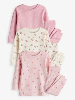 Roze/witte Ditsy - Knusse geribbelde pyjama's 3 verpakking (9mnd-12jr)