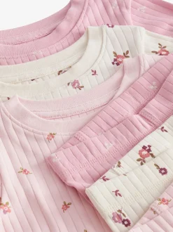 Roze/witte Ditsy - Knusse geribbelde pyjama's 3 verpakking (9mnd-12jr)
