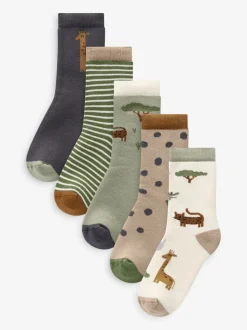 Safaridieren - Set van 5 Cosy Terry sokken met hoog katoengehalte