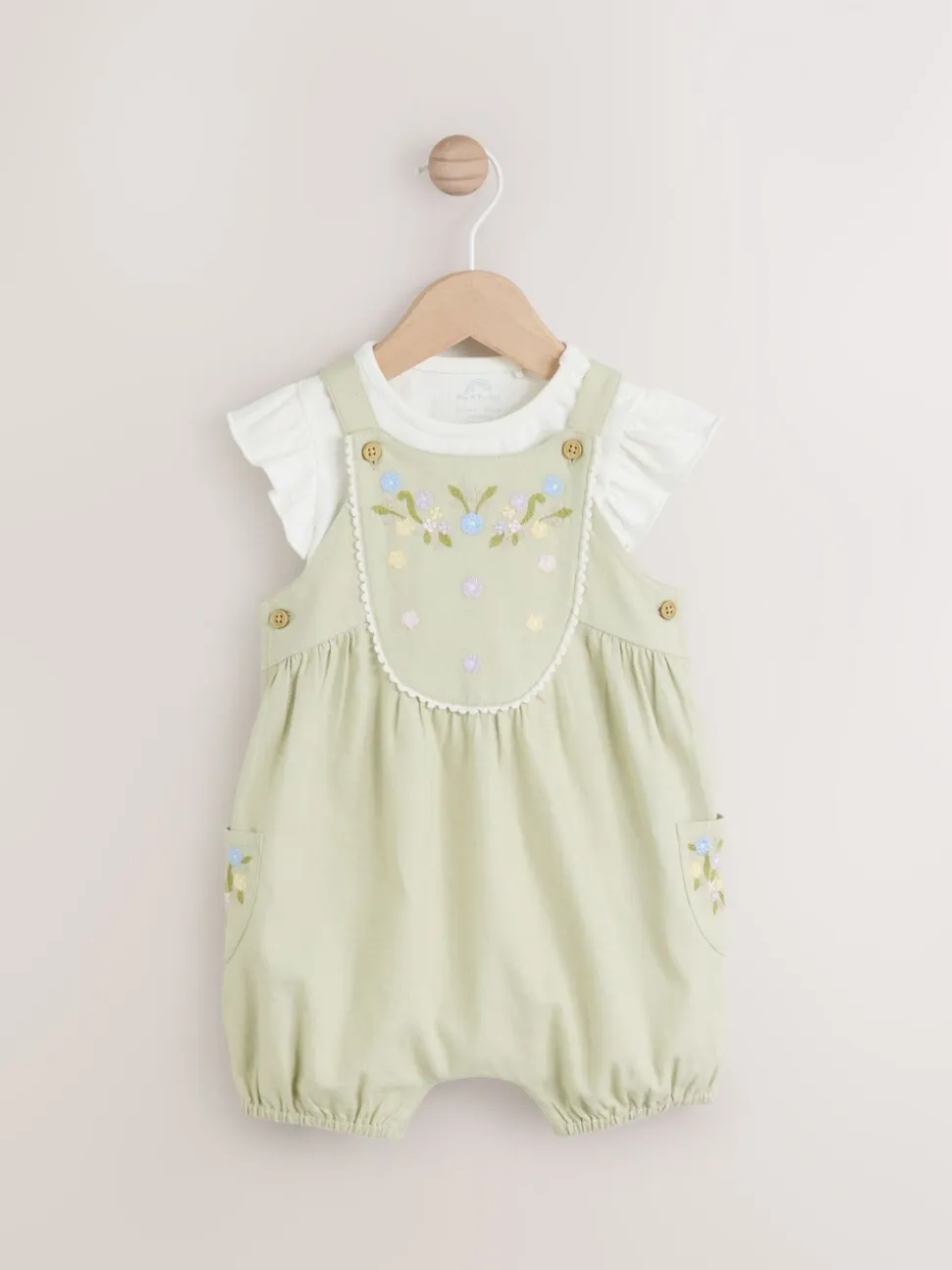 Saliegroen geborduurd bloemenmotief - Korte mouwen 100% katoenen rompertje en bretelbroek voor baby's set (0 mnd - 2 jr)