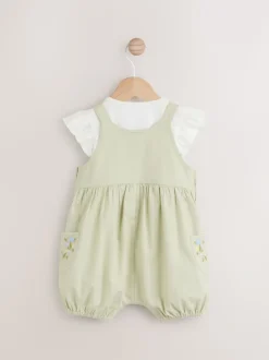 Saliegroen geborduurd bloemenmotief - Korte mouwen 100% katoenen rompertje en bretelbroek voor baby's set (0 mnd - 2 jr)