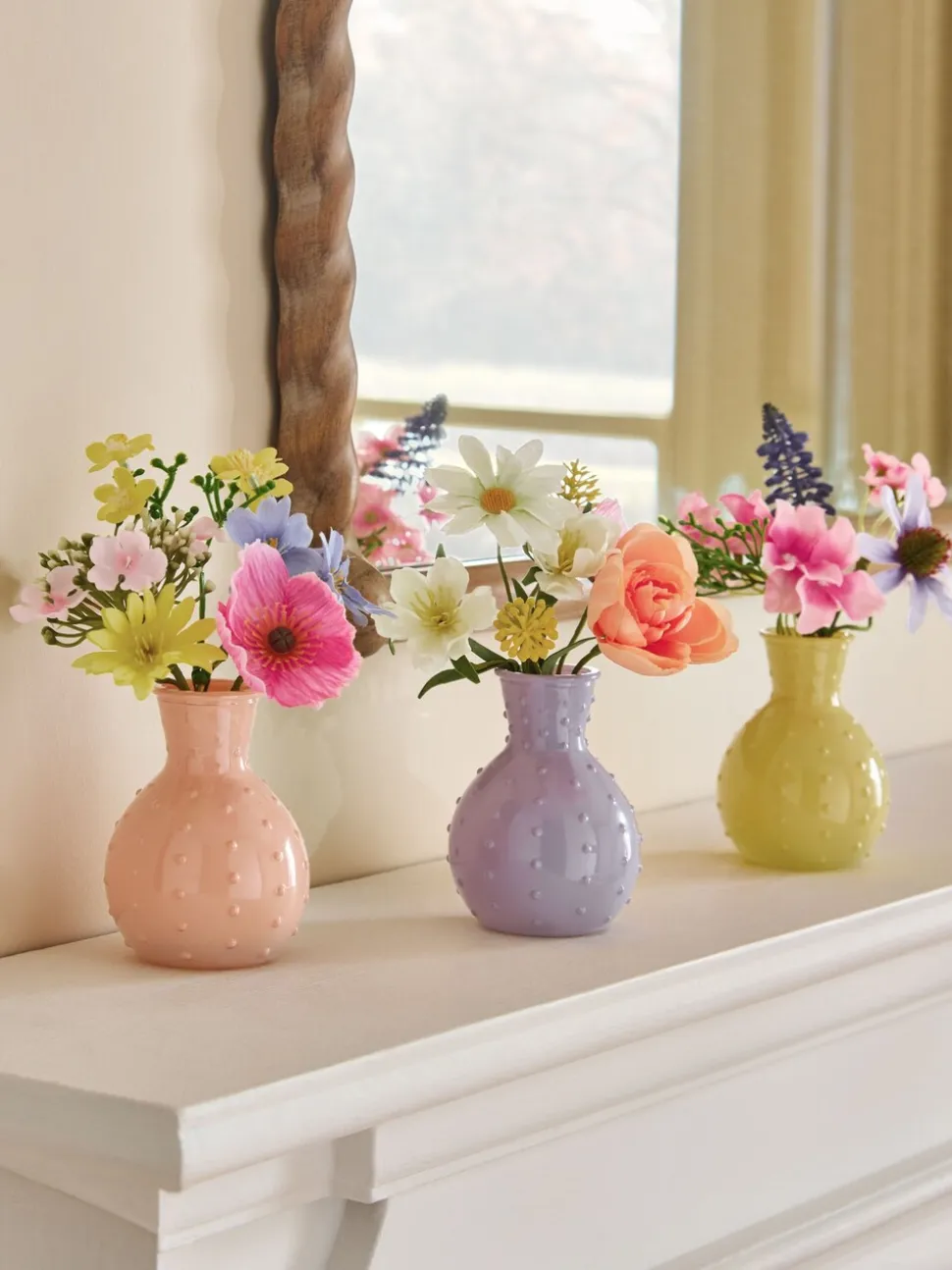 Set of 3 Artificial Spring Flowers in Glass Vases