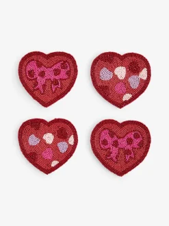 Set of 4 Beaded Heart and Bow Coasters