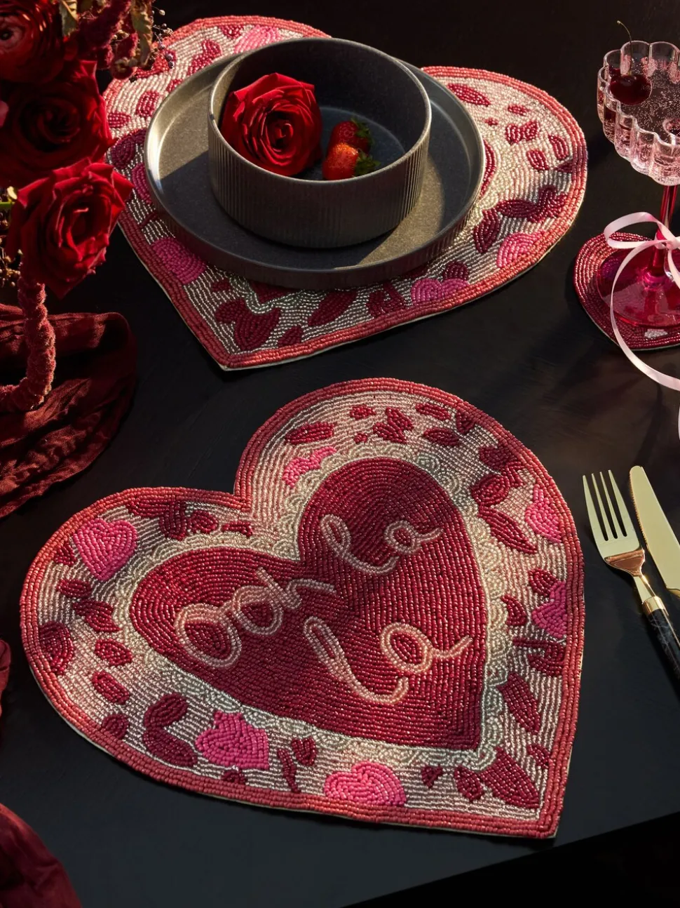 Set of 2 Beaded Heart Placemats