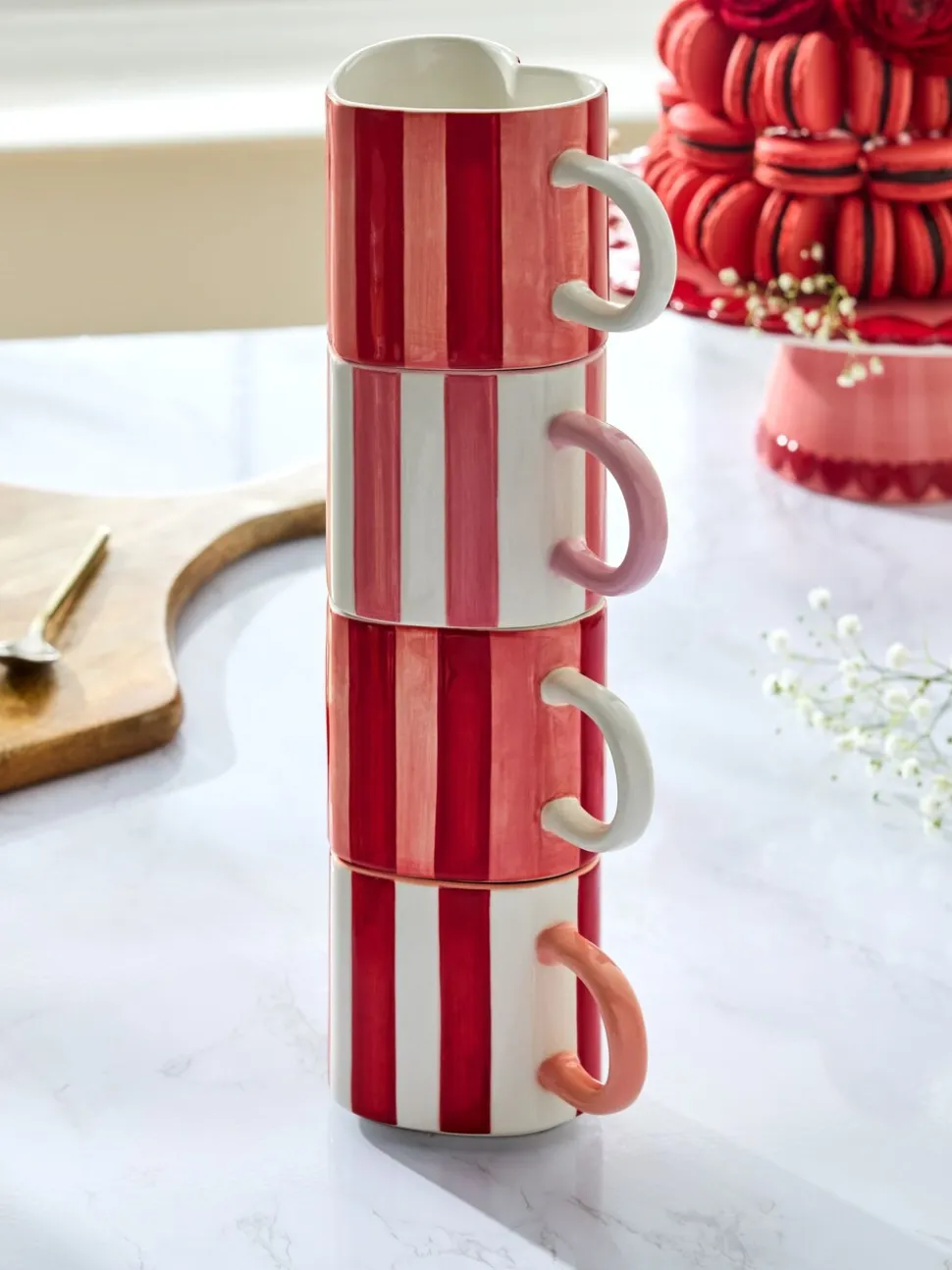 Set of 4 Stripe Heart Shaped Stacking Mugs