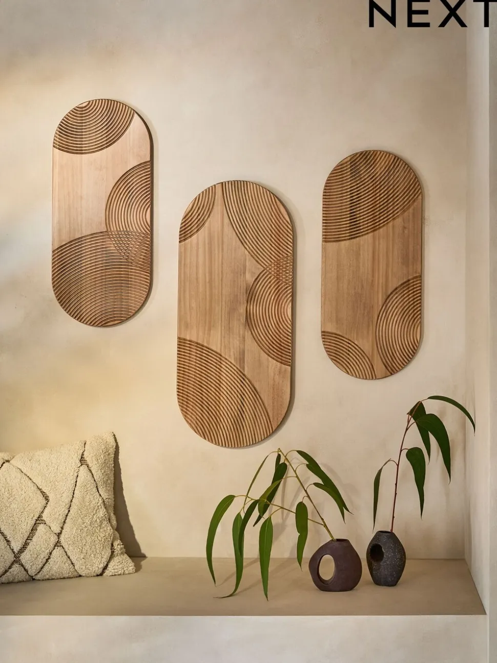 Set of 3 Wooden Global Carved Pill Wall Art