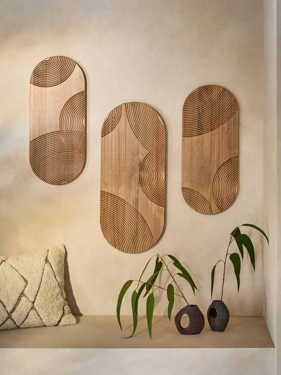 Set of 3 Wooden Global Carved Pill Wall Art