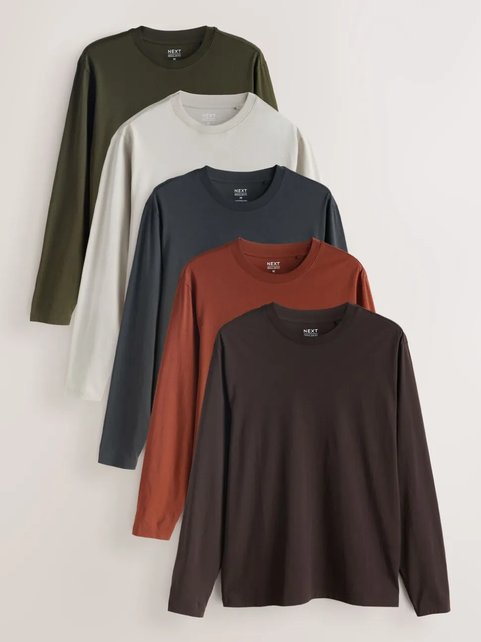 Slate/Green/Ecru/Orange/Brown - Normale Pasvorm - verpakking van 5 regular-fit T-shirts met lange mouwen van 100% katoen