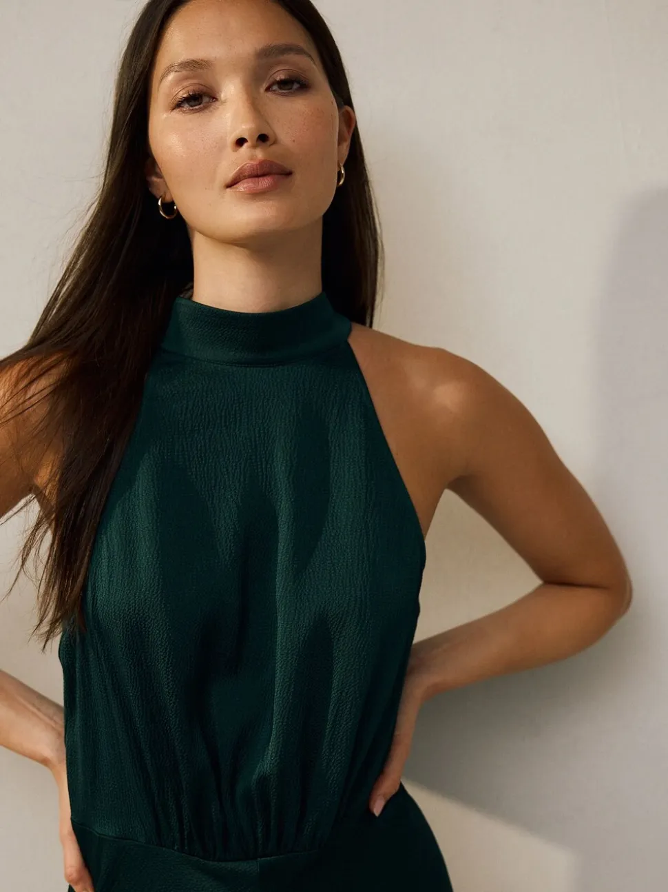 Smaragdgroen - Satijnen halter mouwloze midi-jurk met textuur