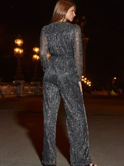 Sosandar glitter plissé jumpsuit met overslag en wijde pijpen