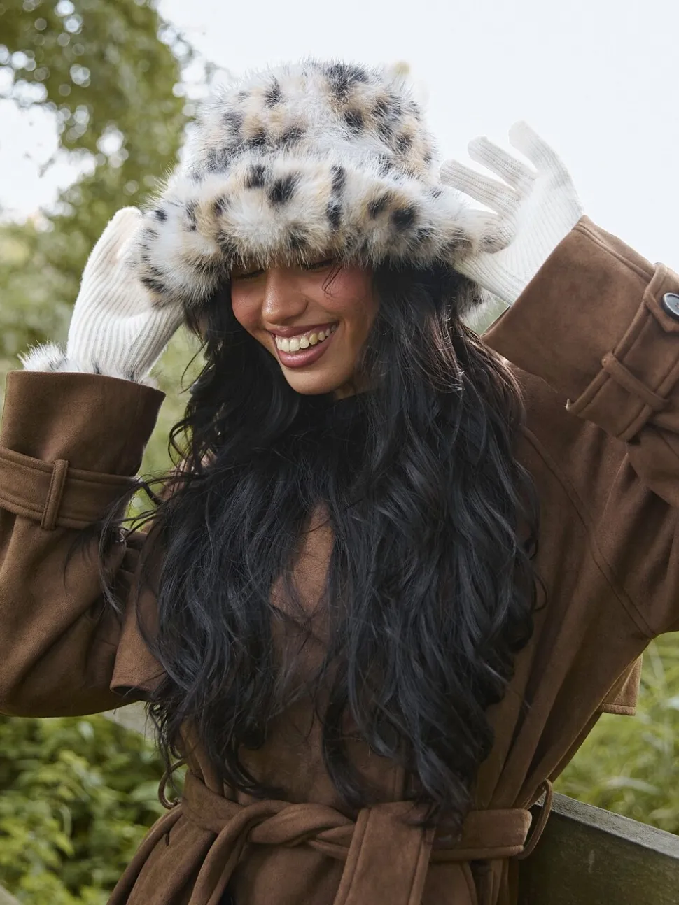 South Beach Animal Bucket Hat and Faux Fur Trim Gloves