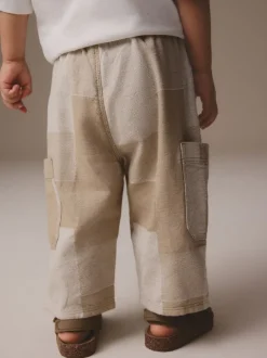Steenkleurig patchwork - 100% katoenen cargobroek met wijde pijpen en elastische taille (3mnd-7jr)