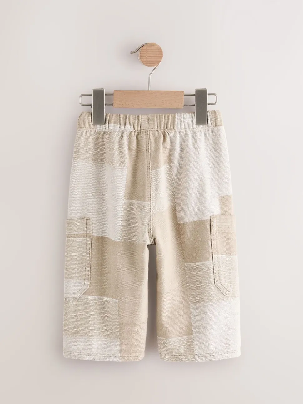 Steenkleurig patchwork - 100% katoenen cargobroek met wijde pijpen en elastische taille (3mnd-7jr)