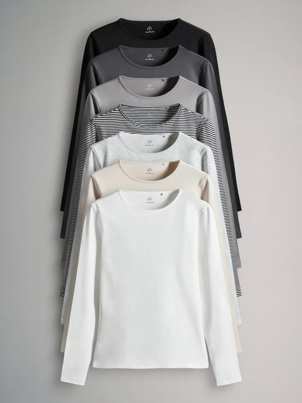 Strepen/Zwart/Grijs/Wit - The Set - 7 T-shirts met lange mouwen en ronde hals
