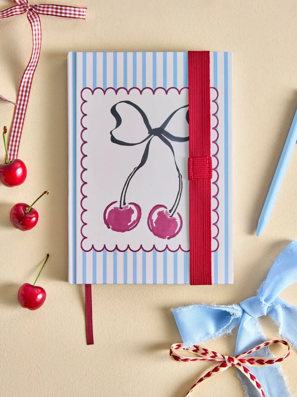 Stripe Cherry Bow A5 Lined Notebook
