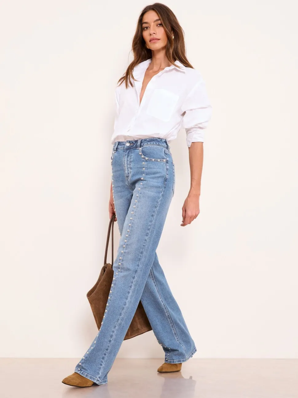 Studded Mid Wash Blue - Lipsy Wide Leg Jeans