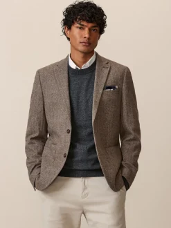 Taupe - Normale Pasvorm - Blazer met visgraatmotief en hoog wolgehalte