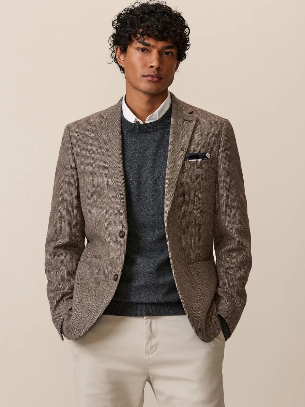 Taupe - Normale Pasvorm - Blazer met visgraatmotief en hoog wolgehalte