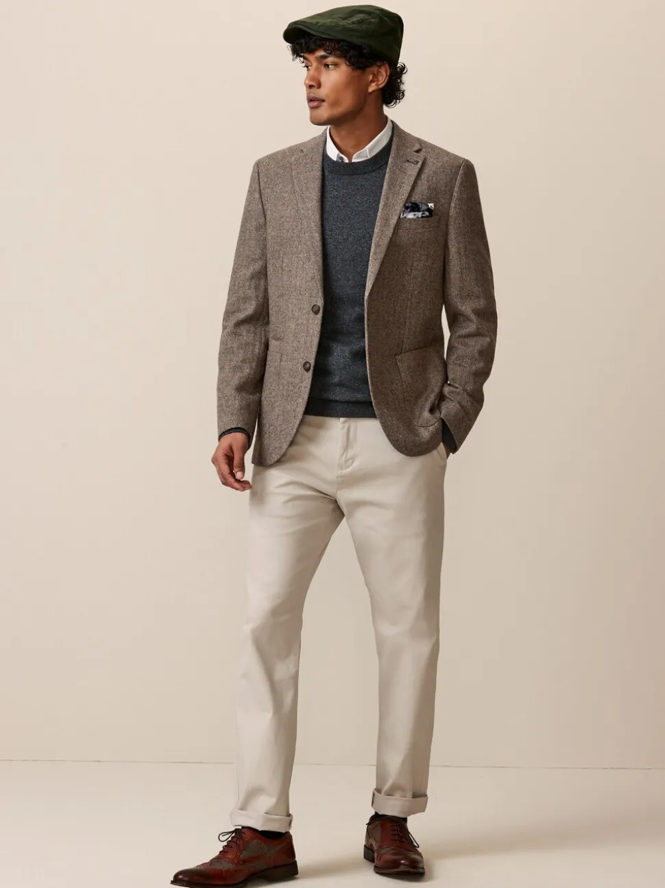 Taupe - Normale Pasvorm - Blazer met visgraatmotief en hoog wolgehalte