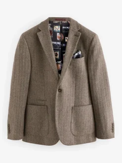 Taupe - Normale Pasvorm - Blazer met visgraatmotief en hoog wolgehalte