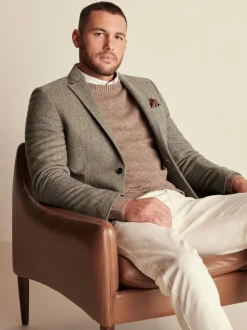 Taupe - Slim Fit - Blazer met visgraatmotief en hoog wolgehalte