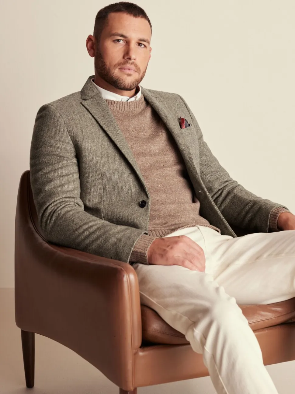 Taupe - Slim Fit - Blazer met visgraatmotief en hoog wolgehalte