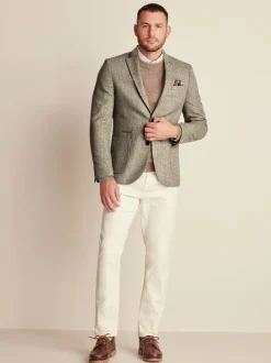 Taupe - Slim Fit - Blazer met visgraatmotief en hoog wolgehalte