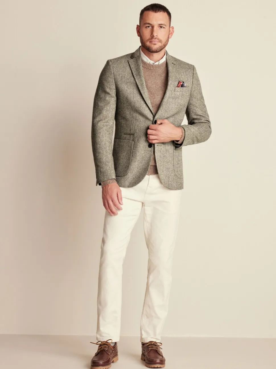 Taupe - Slim Fit - Blazer met visgraatmotief en hoog wolgehalte