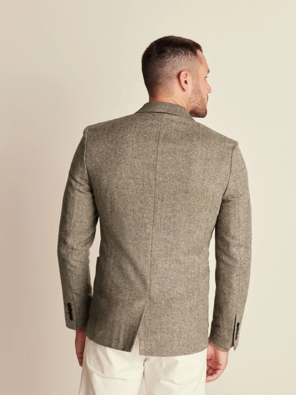 Taupe - Slim Fit - Blazer met visgraatmotief en hoog wolgehalte
