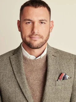 Taupe - Slim Fit - Blazer met visgraatmotief en hoog wolgehalte